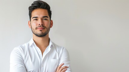 Confident young man in white shirt with crossed arms. Studio portrait with copy space for corporate and personal branding design and print