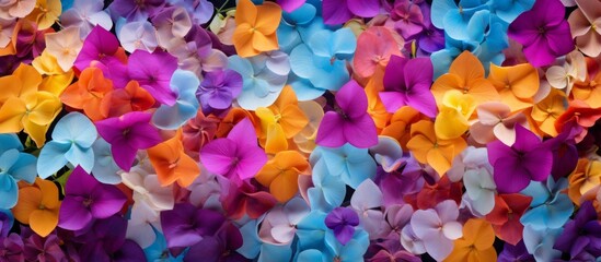 A vibrant array of purple, magenta, and electric blue flowers with delicate petals are scattered on the ground, creating a beautiful artistic pattern at this annual plant event - Powered by Adobe