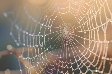 : A close-up of a spider's web with dew drops glistening in the morning light - obrazy, fototapety, plakaty