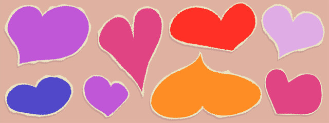 Set of tear paper hearts. Cut color heart with torn edge. Shape love doodle scrap. Vector illustration