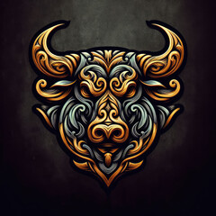3d bull logo carving and engraving on dark background