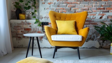 close up of Yellow accent chair near white sofa with yellow pillows in room with brick wall. Scandinavian, loft, minimalist home interior design of modern living room in villa.