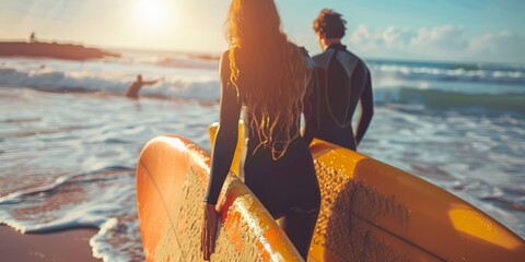 Couple with surfboards contemplating the waves. Shared love for surfing at sunset. - obrazy, fototapety, plakaty