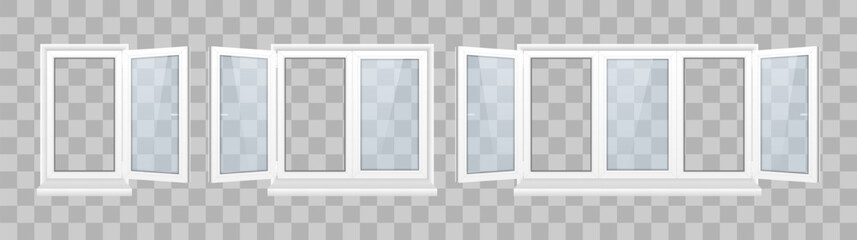 Set of pvc realistic windows and metal roller blind on a transparent background. Set of closed window with transparent glass in a white frame. Plastic products. Rollerball blind. Vector illustration - obrazy, fototapety, plakaty