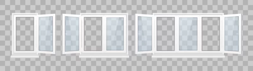 Fotobehang Set of pvc realistic windows and metal roller blind on a transparent background. Set of closed window with transparent glass in a white frame. Plastic products. Rollerball blind. Vector illustration © Little Monster 2070