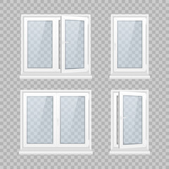 Fototapeta na wymiar Set of pvc realistic windows and metal roller blind on a transparent background. Set of closed window with transparent glass in a white frame. Plastic products. Rollerball blind. Vector illustration