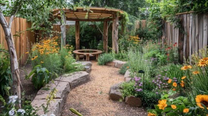Fototapeta na wymiar Lush Garden With Bench and Abundant Flowers
