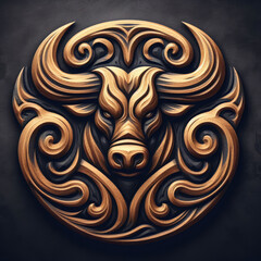 3d bull logo carving and engraving on dark background