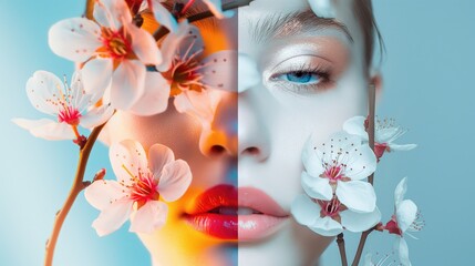 Beautiful woman portrait collage with cherry blossoms on her face on isolated blue background 