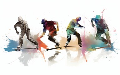 Wide angle view of skaters. high energy. illustration. White background 