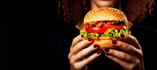 Close up of hamburger in woman's hands, faceless shot, web header or panoramic banner with negative copy space for advertisement, menu recipe cookbook - obrazy, fototapety, plakaty