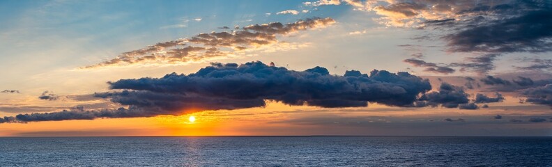 Panorama of Sunrise over Mediterranean Sea, Barcelona, Spain, Europe - obrazy, fototapety, plakaty
