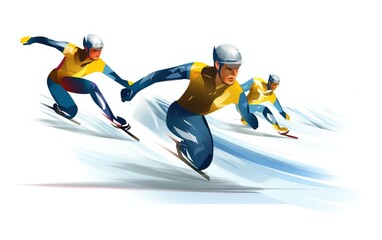 Wide angle view of speed skaters running towards the finish line. high energy. illustration. White background 