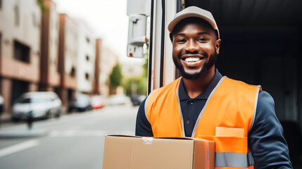Smiling courier holds large box parcel in his hands and stands on street. Black employee of courier company delivers parcel. Negative copy space banner ad