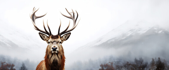 Red deer with large antlers stands confidently against background of snow-capped mountains. Landscape banner with copy negative space. Animal wallpaper.  - obrazy, fototapety, plakaty