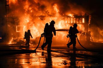 Silhouettes of firefighters extinguishing a burning building against the background of the fire.