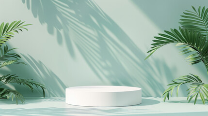Fototapeta na wymiar A calming green pedestal with tropical palm leaf shadows for relaxed product showcasing.
