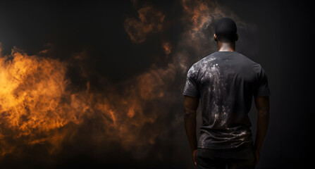 Man standing backwards in black T-shirt with white paint splatter on  patterned dark background with copy negative space, black male