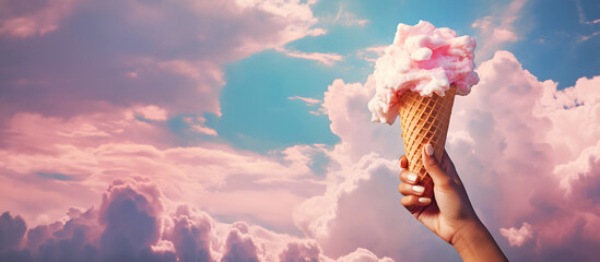 Female hand holds ice cream cone up against colorful sky clouds, scoop of dessert, advertisement banner with lot of negative copy space for displaying product or company logo