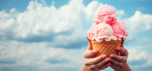 Large scoops of ice cream in waffle cup held in female hands. In background blue sky and white clouds, negative copy space, web header, ad banner