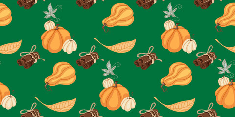 Autumn seamless pattern. Pumpkins and autumn items. Cozy warm background. Perfect for printing, textiles, wrapping paper. Vector illustrations