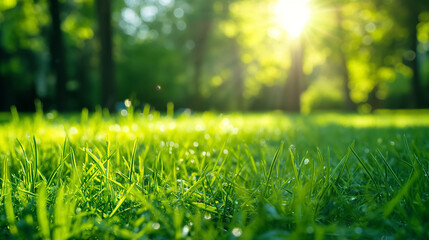 Naklejka premium The morning sun shines through a meadow of dew-covered grass, highlighting the fresh beauty of nature.