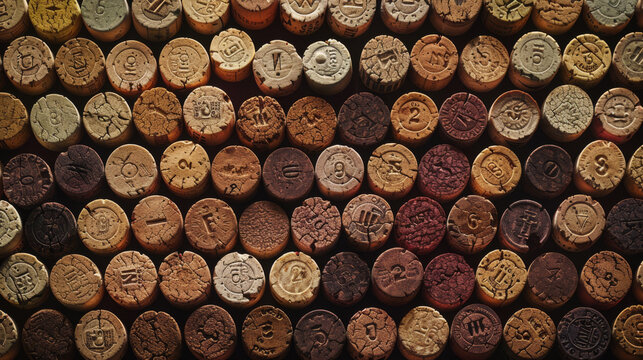 A variety of wine corks with different engravings and stamps is displayed closely packed together.