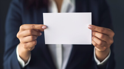A businesswoman holds out a blank white card, offering a canvas for information or branding.