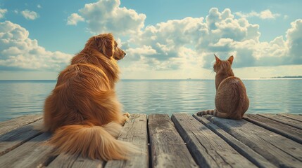 Dog and cat sitting side by side on a dock overlooking a serene lake - Powered by Adobe