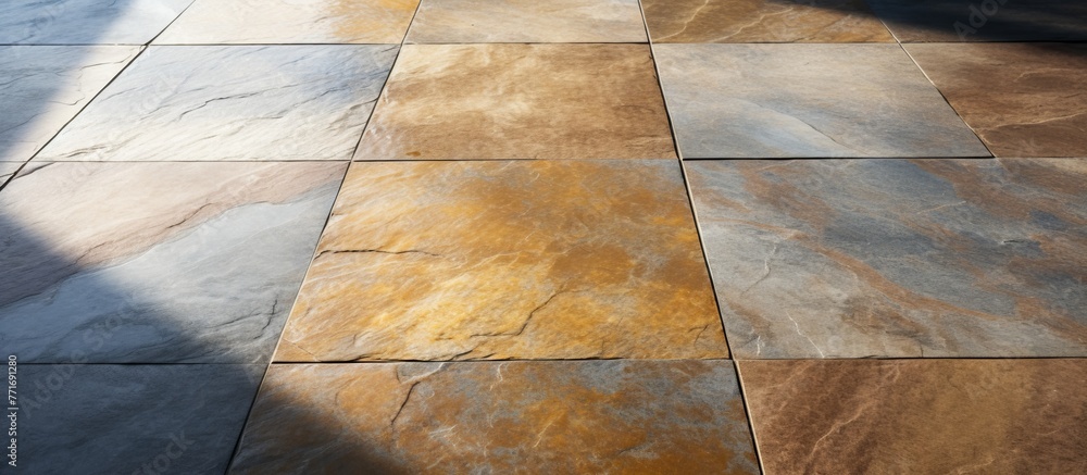 Poster zoomedin view of a tiled floor with a distinct shadow, showcasing the intricate pattern of the hardw