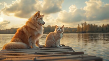Fluffy ginger dog and cat together on a wooden pier at sunset by the water