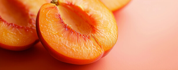 Close-up of ripe peach halves with juicy texture and vibrant color gradient against pink backdrop. image is highly detailed, focusing on fruit's freshness and dewy appearance, for food-related content - Powered by Adobe