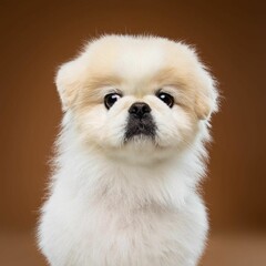 
Beautiful Pekingese dog isolated on brown background. looking at camera . front view. dog studio portrait.happy dog .dog isolated .puppy isolated .puppy closeup face,indoors.brown background .