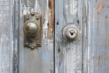 : A contrast of old and new, such as an old, weathered door with a shiny, modern doorknob,