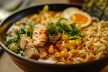 Chicken and Vegetable Ramen - A deep bowl of Japanese ramen with a rich broth, noodles, chicken pieces, green onions, corn, and slices of boiled egg