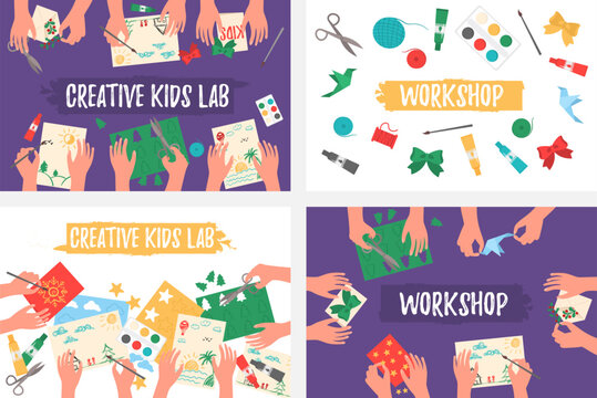 Creative kids lab, top view, kids hands. Creative lab, design or teamwork. Cutting paper, painting, knitting, embroidery, applique, sewing. Classroom preschool activity concept. Vector illustration.