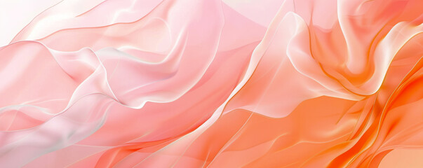 Fototapeta premium wide banner showcasing gradient from pale to vibrant peach hues in silky fabric texture. The smooth waves and ripples convey a sense of gentle fluidity, ideal for backgrounds or luxury design elements