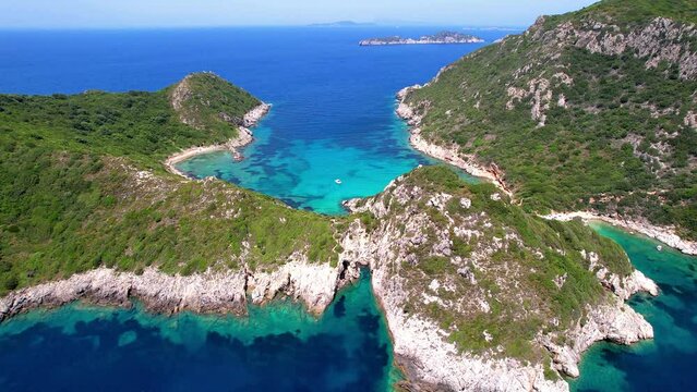 Greece nature scenery. most scenic beaches of Corful island. Unique double side beach Porto Timoni with crystal clear sea. Aerial  4k hd drone video