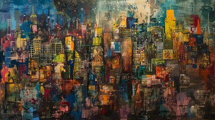 skyline of a huge city, abstract expressionism, 16:9