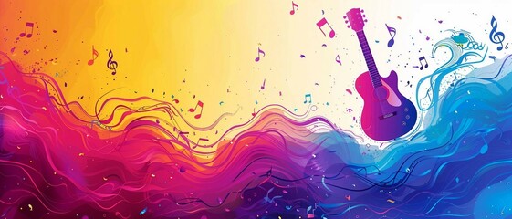 music background with iconic music symbols. on a vibrant rainbow gradient backdrop. colorful paint splash. - obrazy, fototapety, plakaty