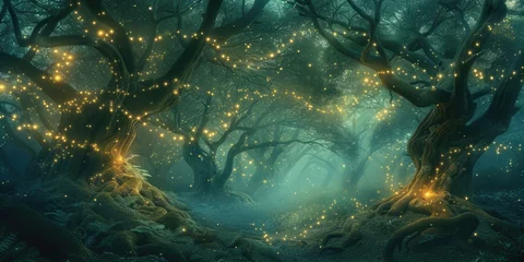 Deurstickers An ethereal twilight scene in a mystical forest, with trees adorned by warm glowing lights and a carpet of blue flowers under a starry sky. Resplendent. © Summit Art Creations