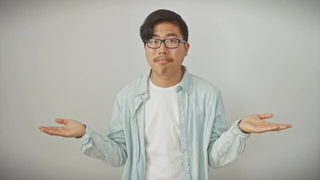Clueless young asian man in glasses, hands up in shrug; puzzled expression evident. isolated on white, displaying ambiguous emotions, clueless gesture, lack of answer.