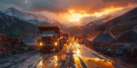 Foto op Canvas Dump trucks transporting dirt and gravel at sunrise for a construction project. Concept Dump trucks, Construction project, Gravel transportation, Sunrise, Heavy machinery © Ян Заболотний