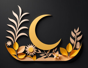 A serene and artistic scene of a cream-colored crescent moon surrounded by vibrant, colorful...