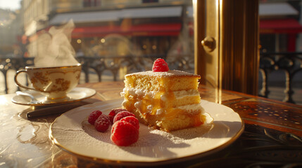 Slice of Tres Leches cake on a Parisian cafe table, bathed in warm afternoon sunlight.