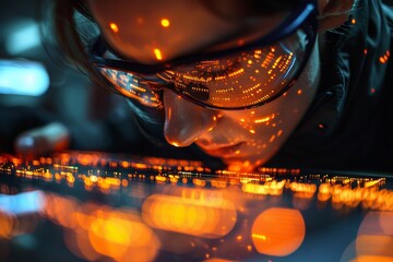 An individual focusing on a screen with code reflections on their glasses, signifying concentration and technology - obrazy, fototapety, plakaty