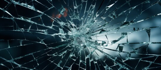 A close up of a shattered glass window in a dimly lit room, reflecting the electric blue sky. The...