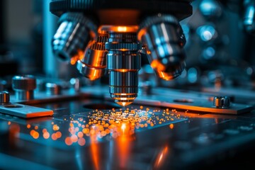 A microscope surrounded by vibrant sparkling particles on a laboratory table, emphasizing scientific discovery