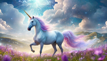 Unicorn in a fantastic world with fluffy clouds.