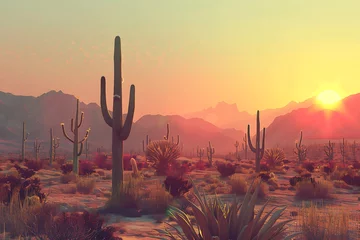 Fotobehang : A desert scene with towering cacti and a clear sunset © crescent
